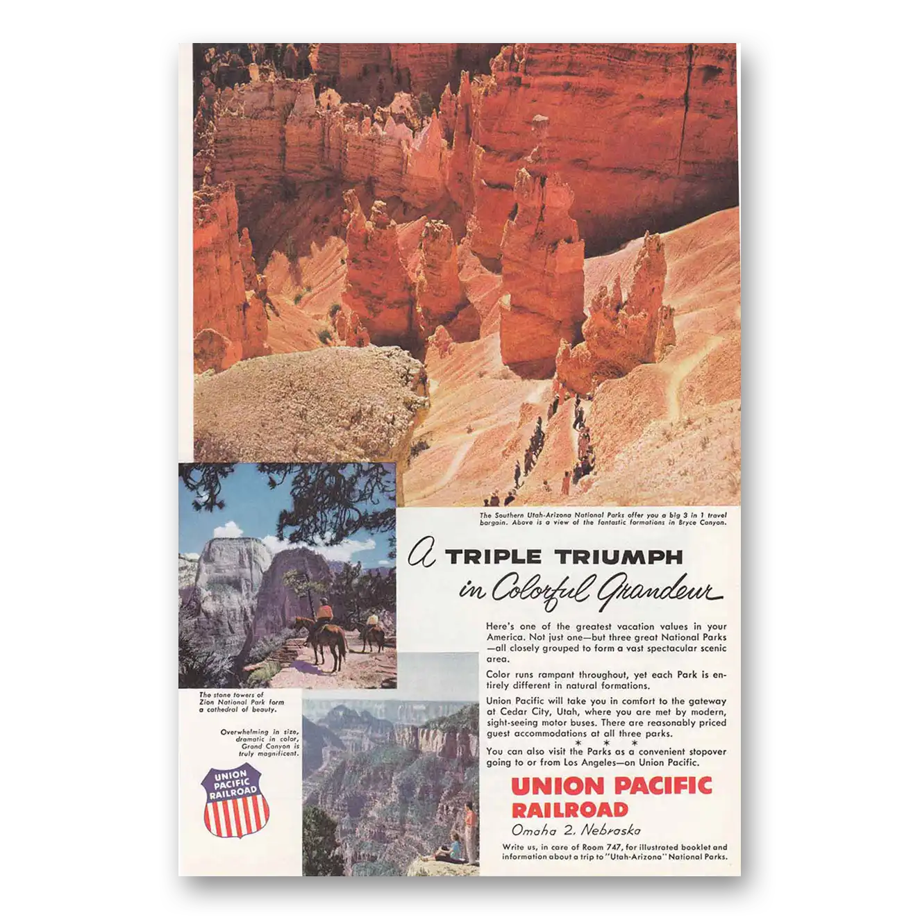 1956 Union Pacific Railroad Grand Canyon Zion Vintage Magazine Print Ad