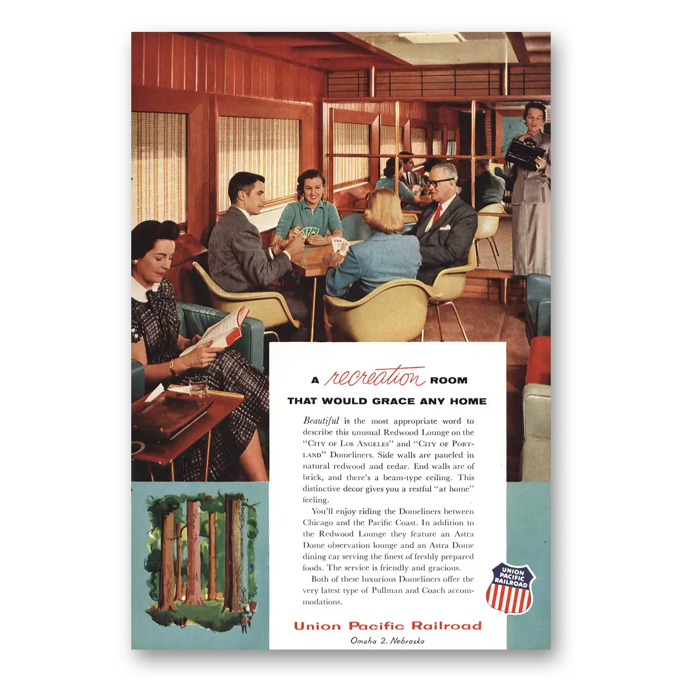 1956 Union Pacific Railroad Redwood Lounge City of Los Angeles Vintage Magazine Print Ad