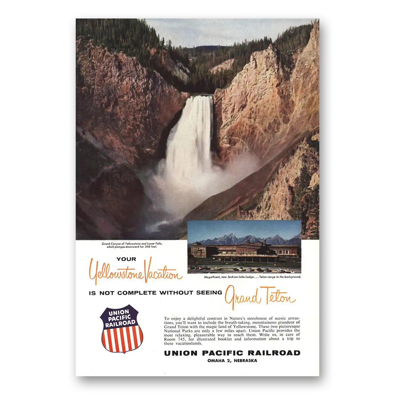 1956 Union Pacific Railroad Grand Canyon Not Complete Without Seeing Grand Teton Vintage Magazine Print Ad