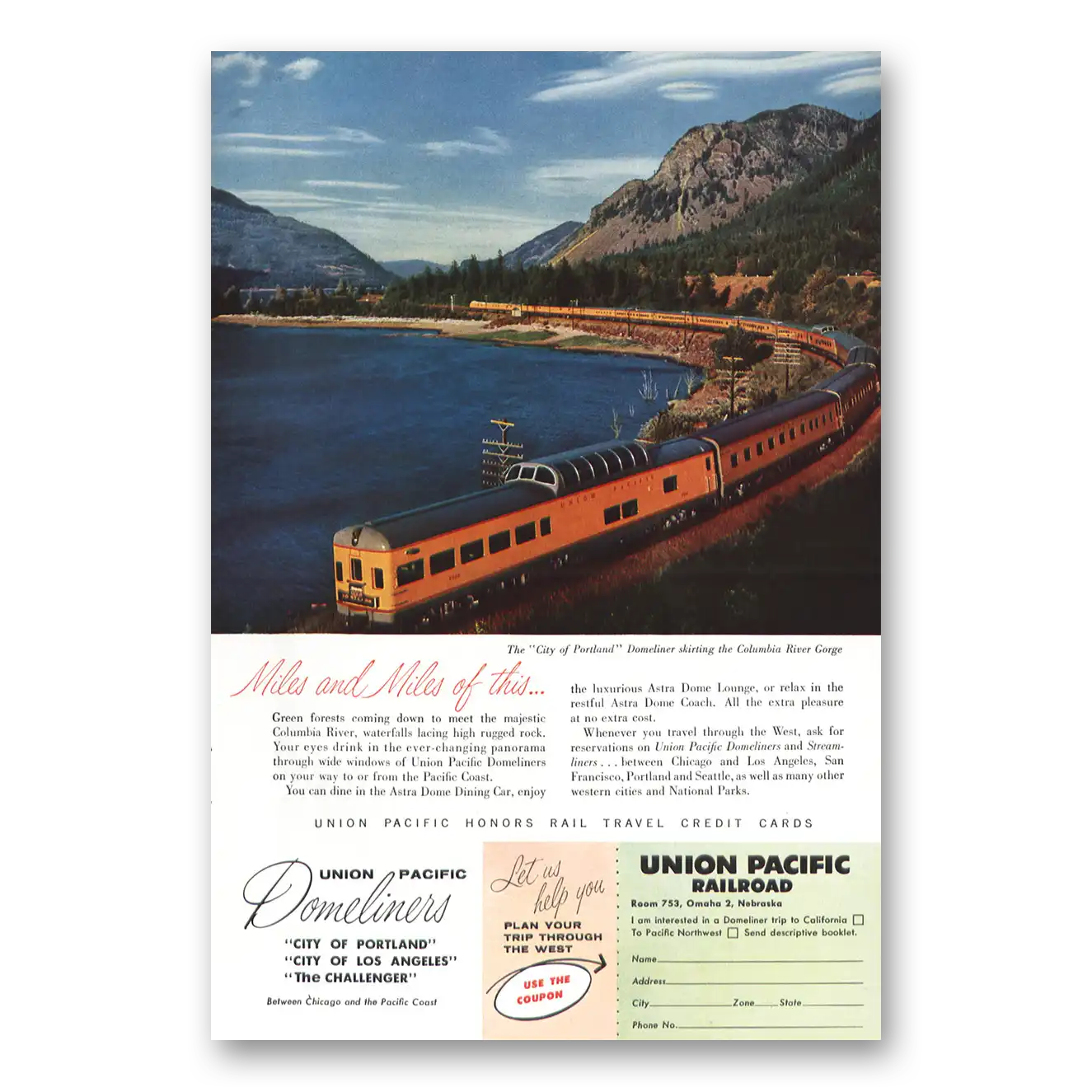 1956 Union Pacific Railroad City of Portland Columbia Vintage Magazine Print Ad