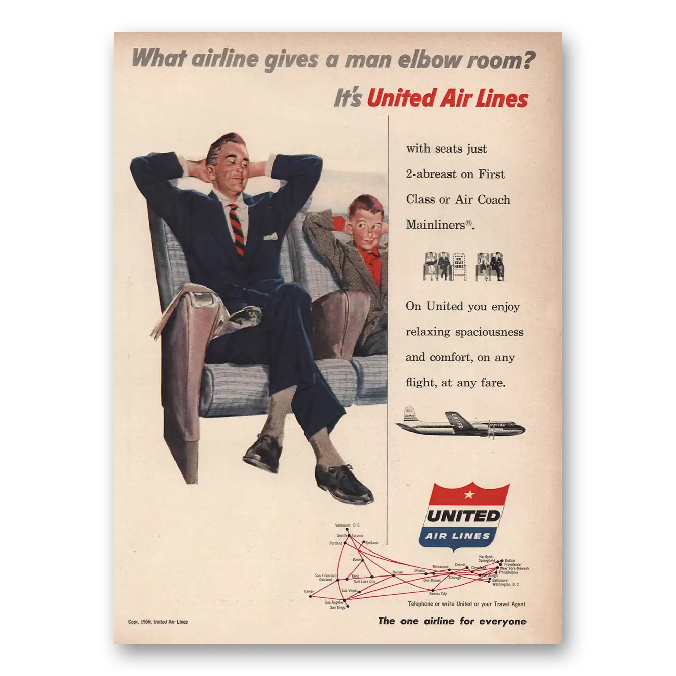 1956 United Airlines Gives a Man Elbow Room Vintage Magazine Print Ad