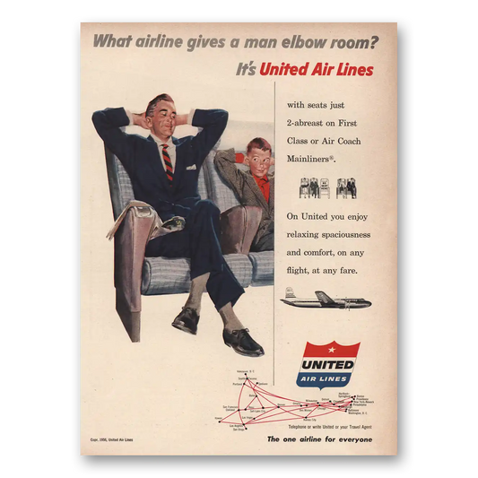 1956 United Airlines Gives a Man Elbow Room Vintage Magazine Print Ad