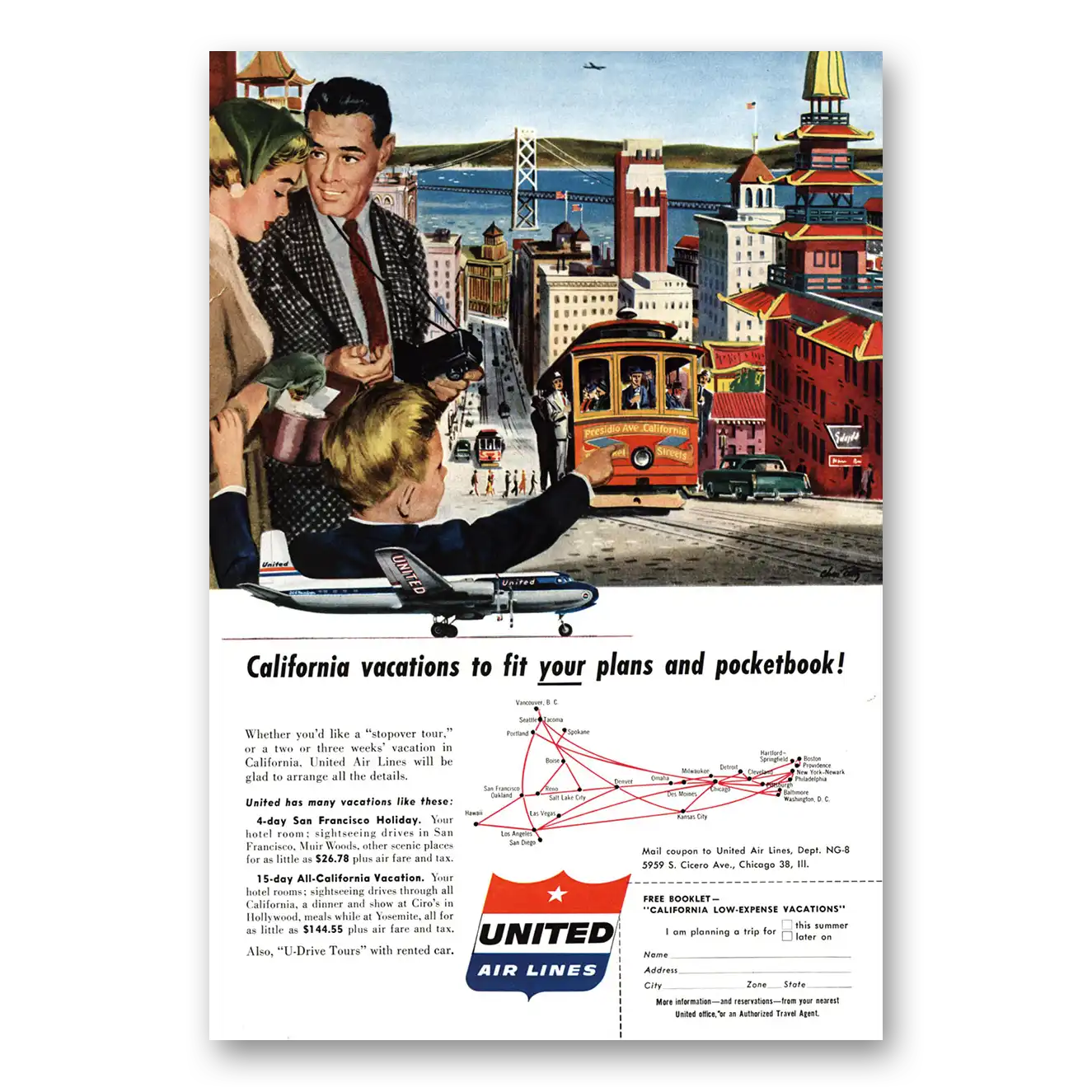 1956 United Airlines Fit Your Plans Pocketbook Cablecar Vintage Magazine Print Ad