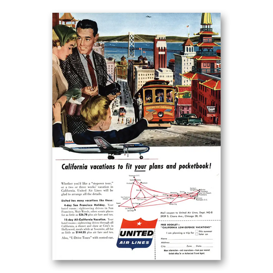 1956 United Airlines Fit Your Plans Pocketbook Cablecar Vintage Magazine Print Ad