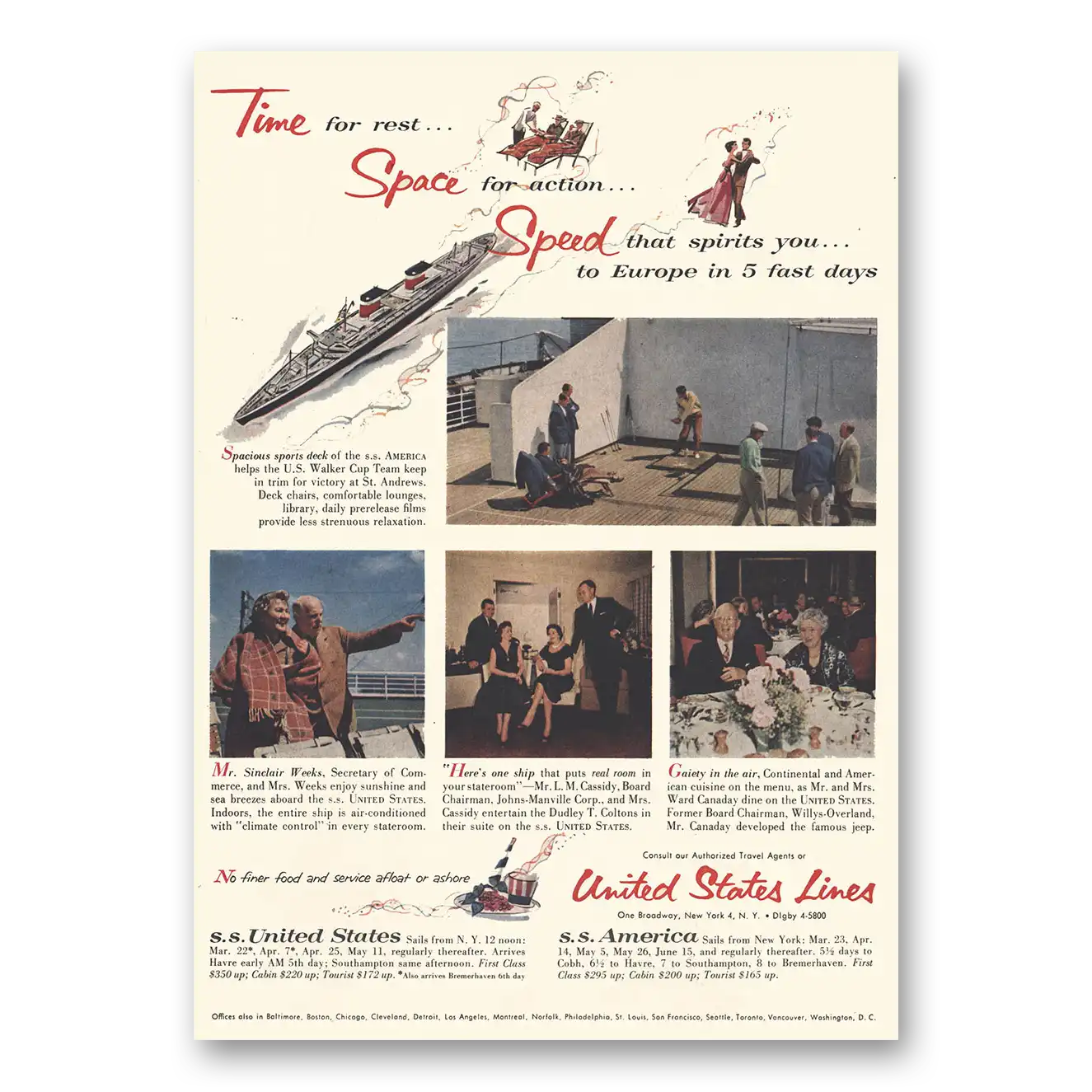 1956 United States Lines Time for Rest Space for Action Vintage Magazine Print Ad