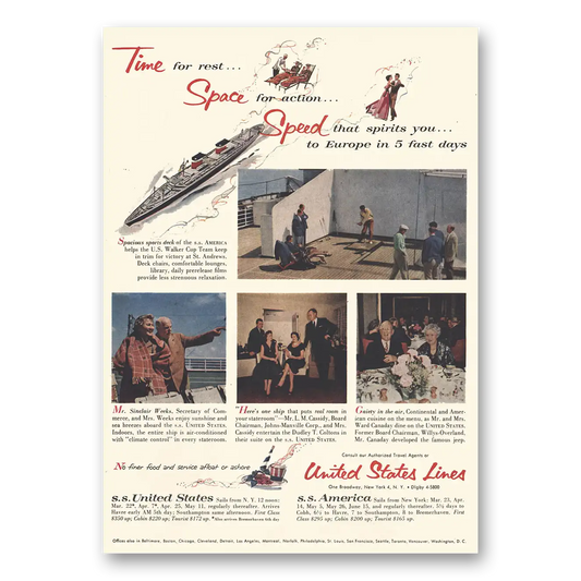 1956 United States Lines Time for Rest Space for Action Vintage Magazine Print Ad