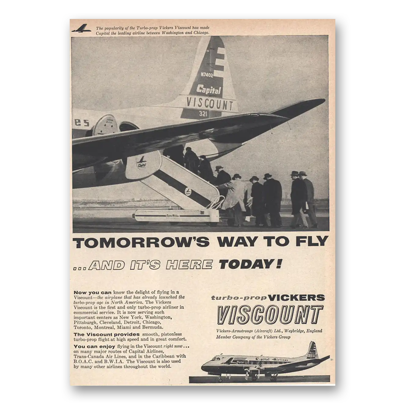 1956 Vickers Viscount Turbo Prop Tomorrows Way Vintage Magazine Print Ad