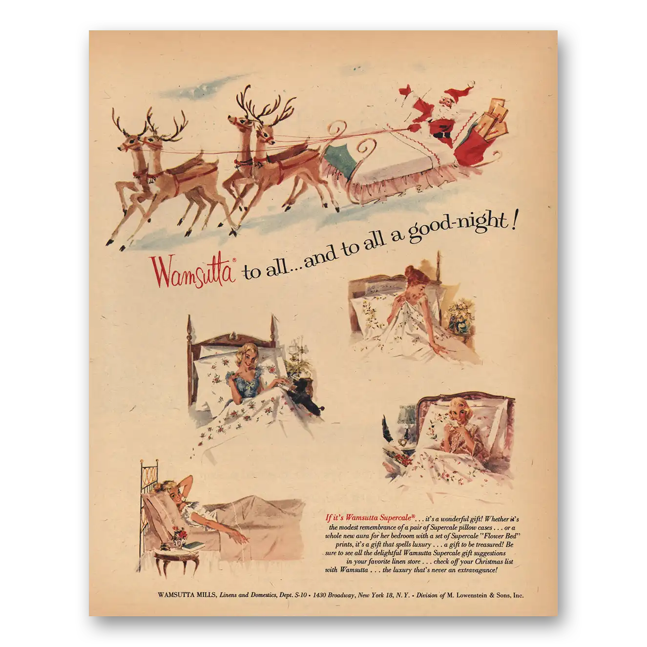 1956 Wamsutta Supercale Sheets To All a Good Night Vintage Magazine Print Ad