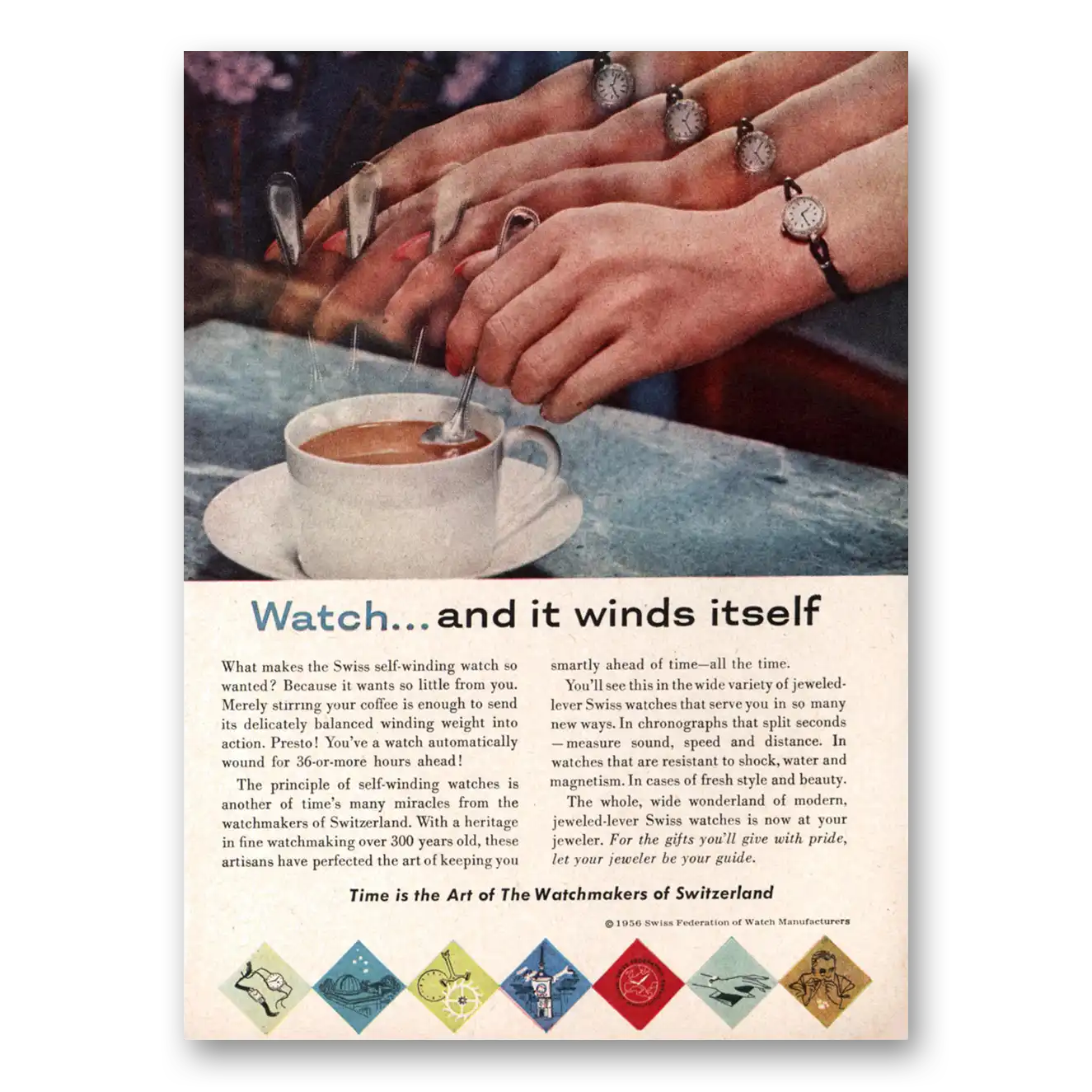 1956 Watchmakers of Switzerland Winds Itself Vintage Magazine Print Ad