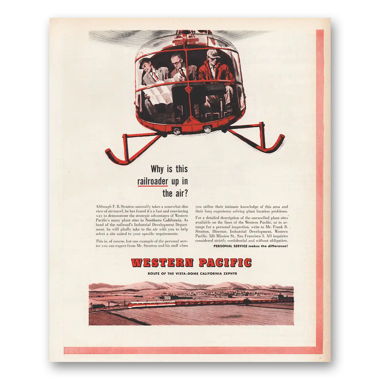 1956 Western Pacific Railroader Up In the Air Vintage Magazine Print Ad