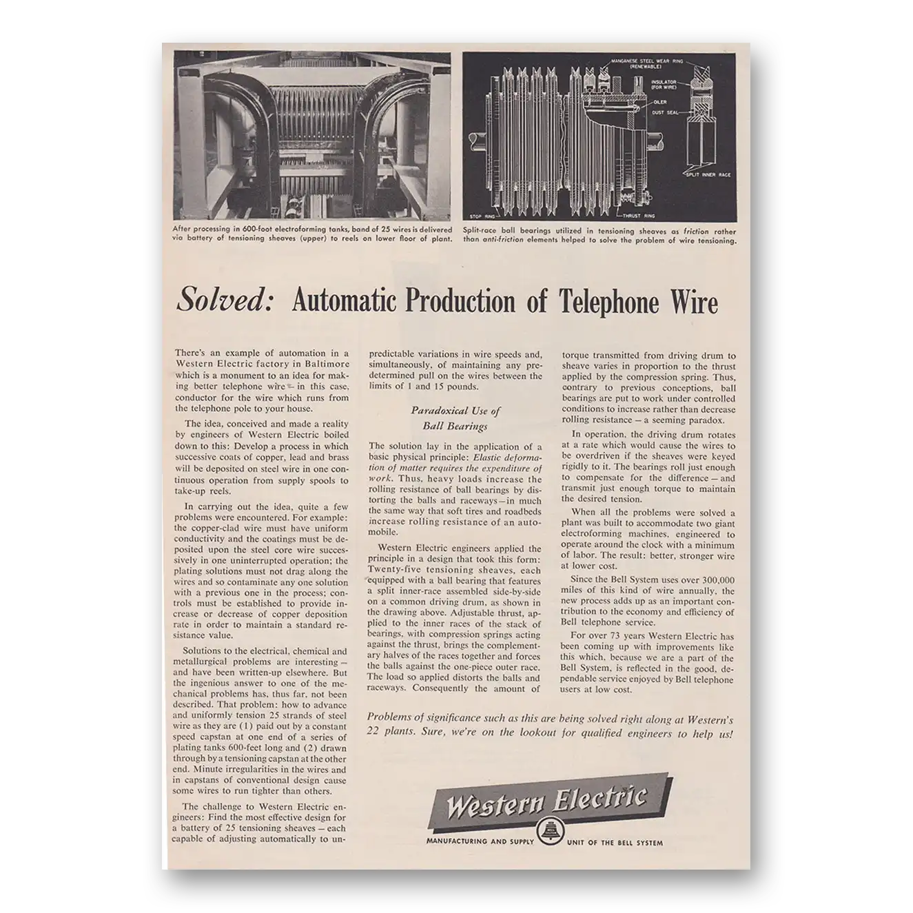 1956 Western Electric Automatic Production of Telephone Wire Vintage Magazine Print Ad