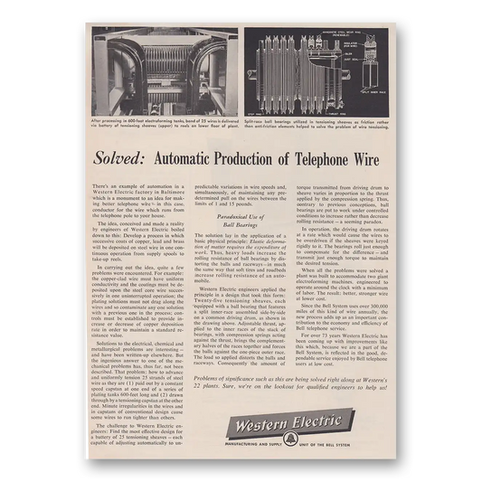 1956 Western Electric Automatic Production of Telephone Wire Vintage Magazine Print Ad