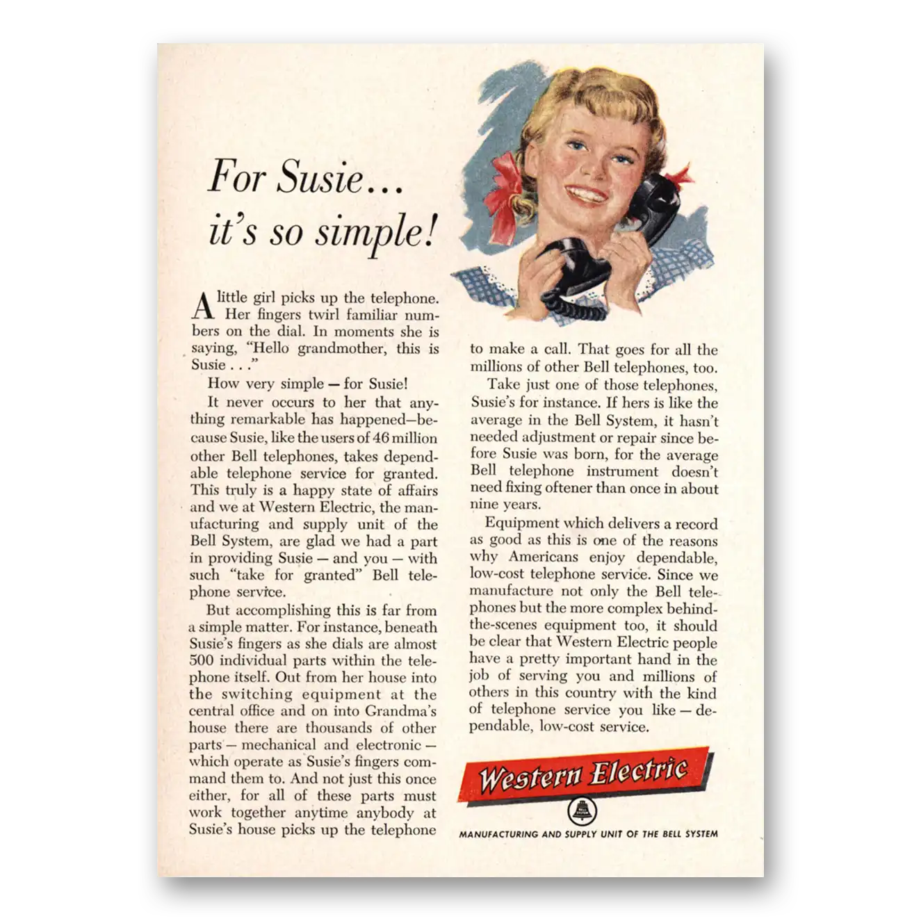 1956 Western Electric For Susie Is So Simple Vintage Magazine Print Ad