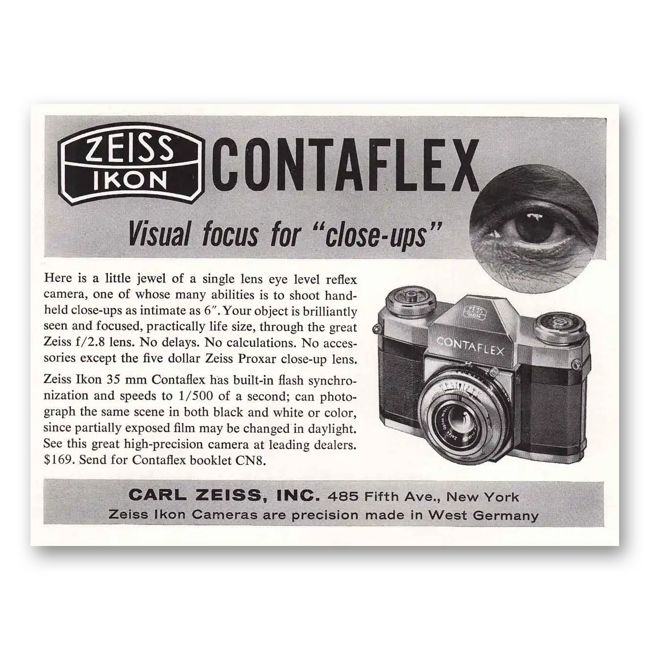 1956 Zeiss Ikon Contaflex Camera Visual Focus Vintage Magazine Print Ad