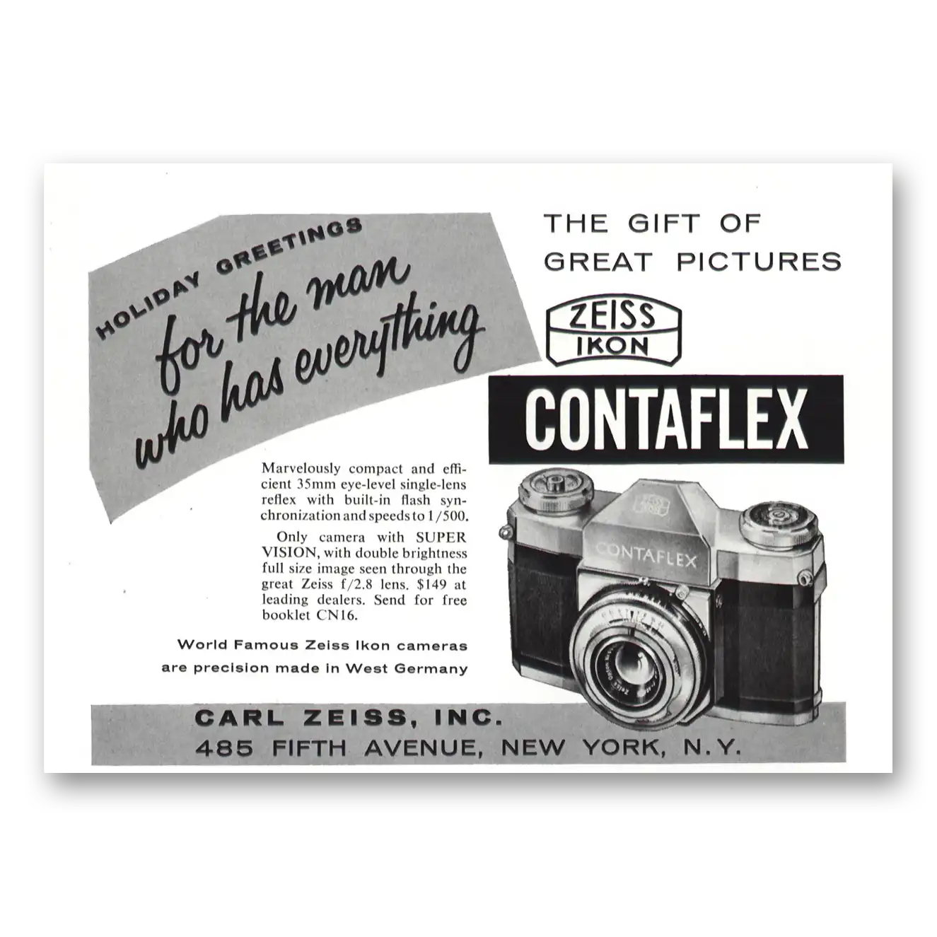 1956 Zeiss Ikon Contaflex Camera For the Man Who Has Everything Vintage Magazine Print Ad