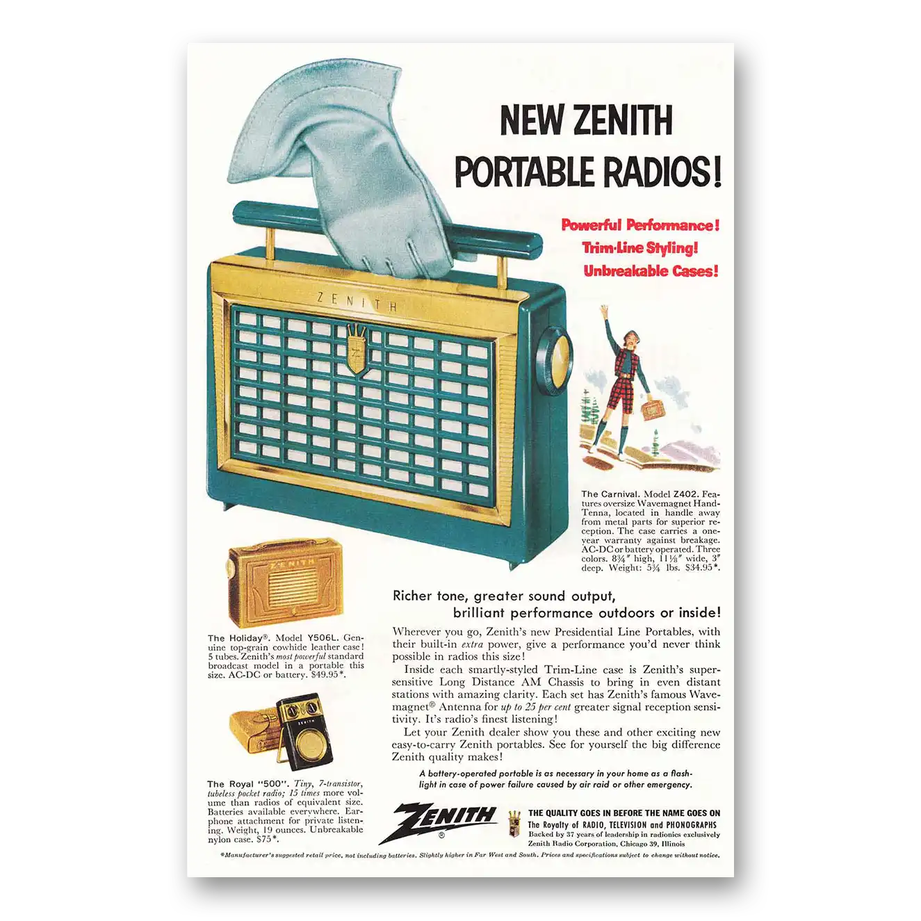 1956 Zenith Radio Carnival Model Z 402 Turquoise Vintage Magazine Print Ad