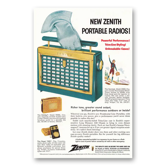 1956 Zenith Radio Carnival Model Z 402 Turquoise Vintage Magazine Print Ad