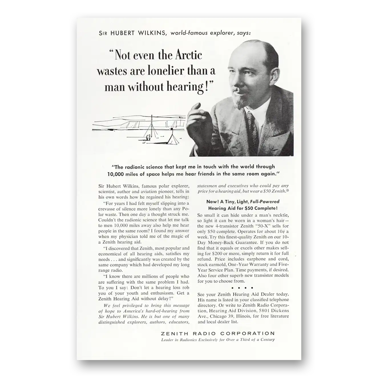 1956 Zenith Hearing Aid Not Even the Arctic Hubert Wilkins Vintage Magazine Print Ad