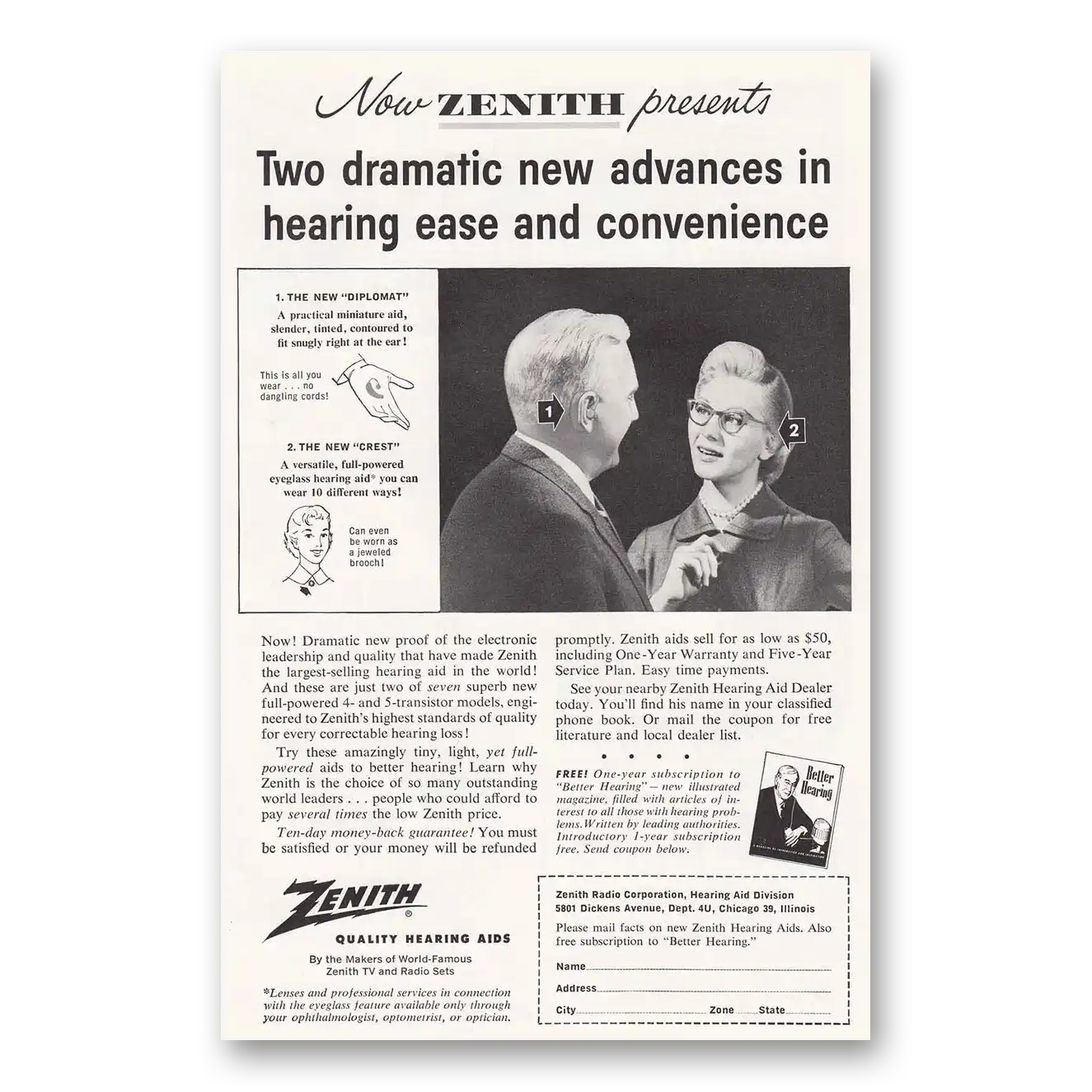 1956 Zenith Hearing Aid Two Dramatic New Advances Vintage Magazine Print Ad