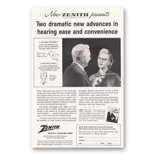 1956 Zenith Hearing Aid Two Dramatic New Advances Vintage Magazine Print Ad