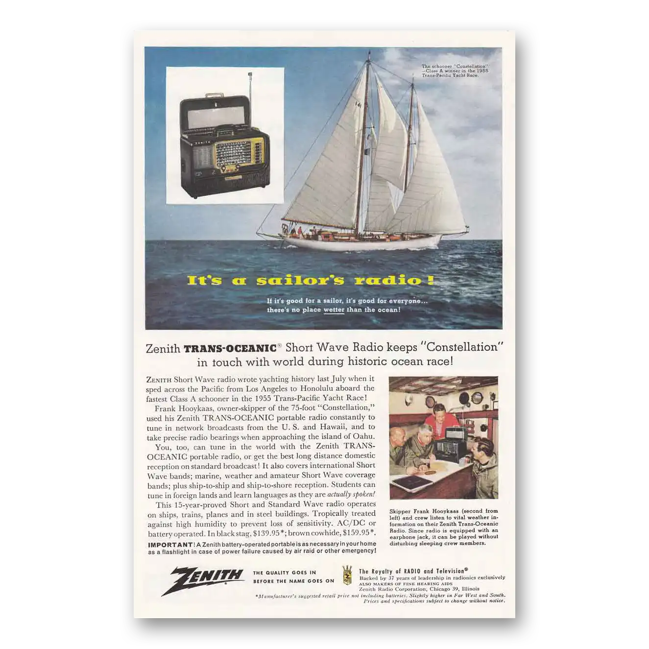 1956 Zenith Radio Sailors Radio Vintage Magazine Print Ad