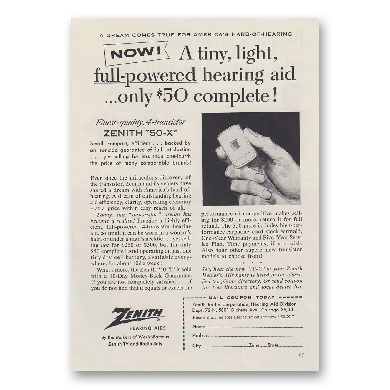 1956 Zenith Hearing Aid Tiny Light Full Powered Vintage Magazine Print Ad