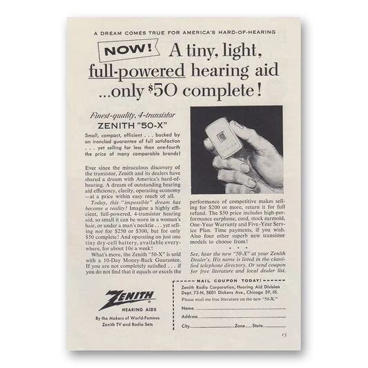 1956 Zenith Hearing Aid Tiny Light Full Powered Vintage Magazine Print Ad