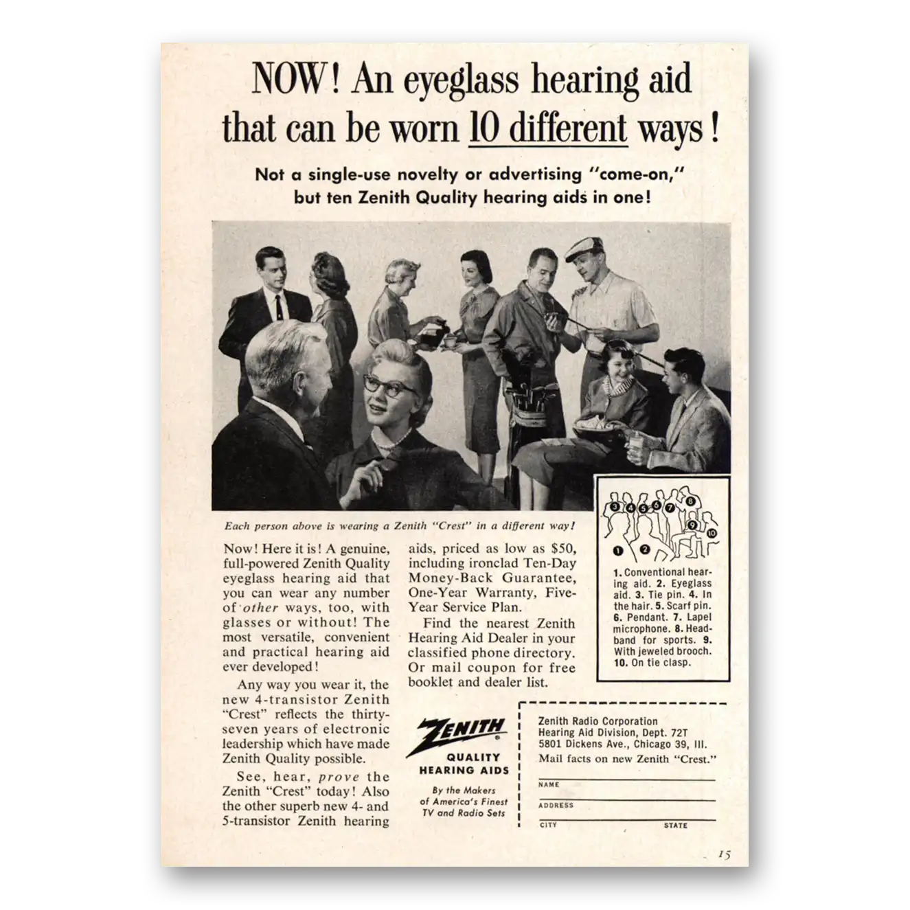 1956 Zenith Hearing Aid Eyeglass Hearing Aid Can Be Worn 10 Different Ways Vintage Magazine Print Ad