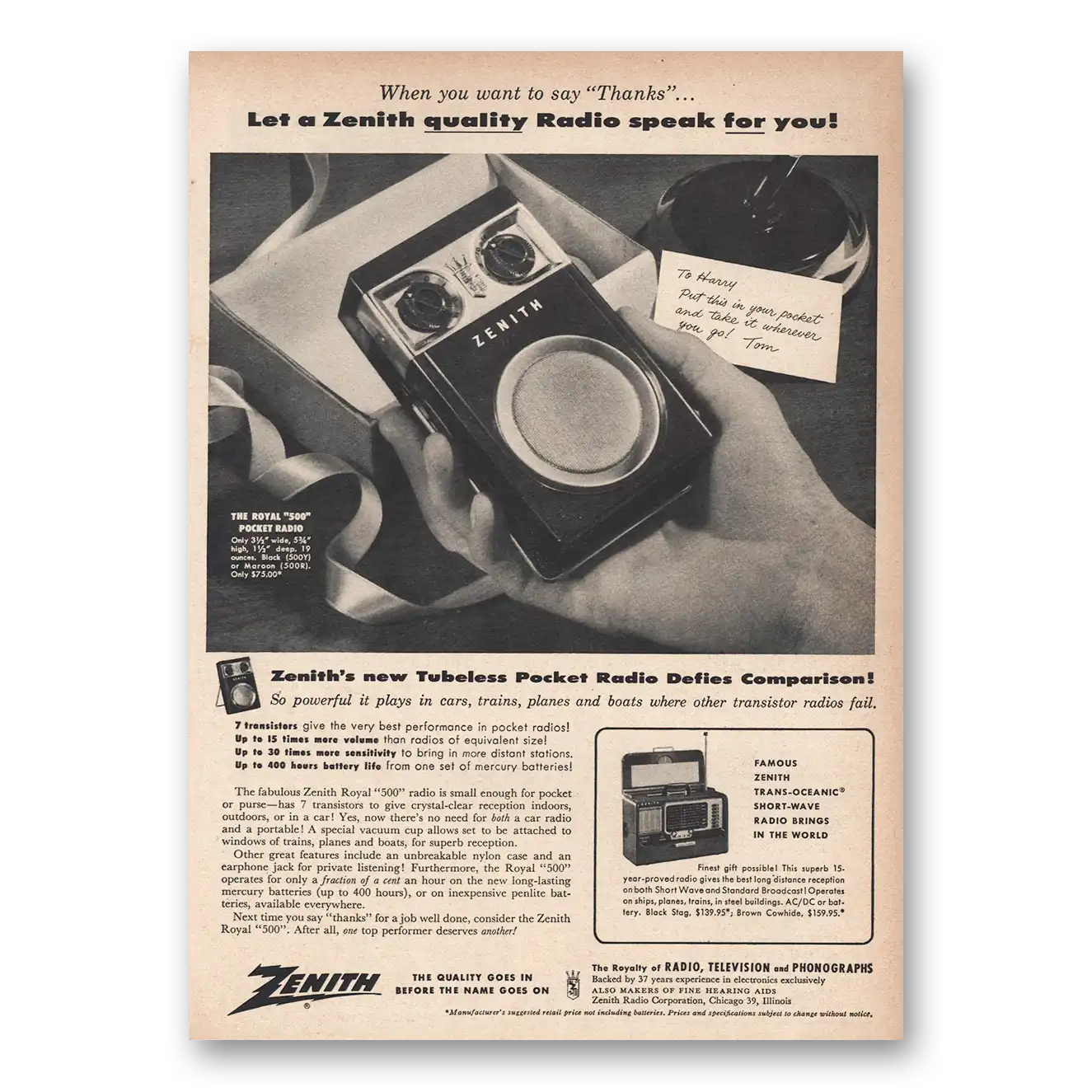 1956 Zenith Radio Tubeless Pocket Radio Vintage Magazine Print Ad