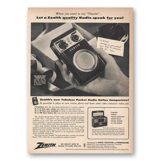 1956 Zenith Radio Tubeless Pocket Radio Vintage Magazine Print Ad