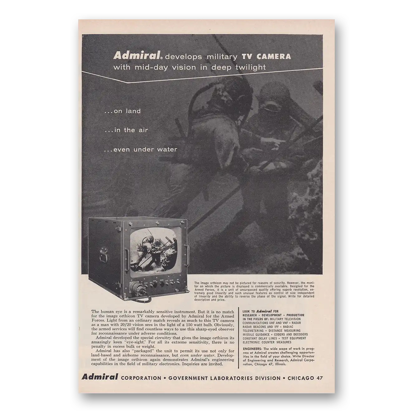 1957 Admiral Television Develops Military TV Camera Vintage Magazine Print Ad