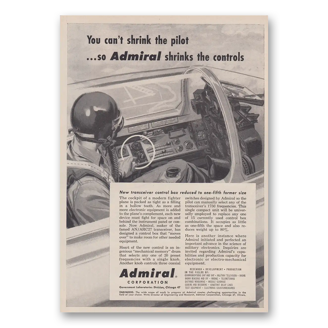 1957 Admiral Radio You Can't Shrink the Pilot Vintage Magazine Print Ad