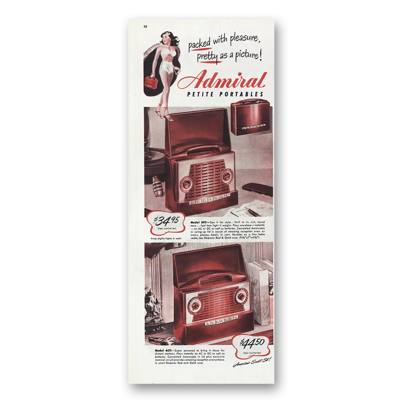 1957 Admiral Radio Petite Portables Packed With Pleasure Vintage Magazine Print Ad