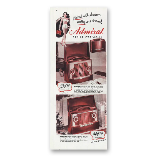 1957 Admiral Radio Petite Portables Packed With Pleasure Vintage Magazine Print Ad