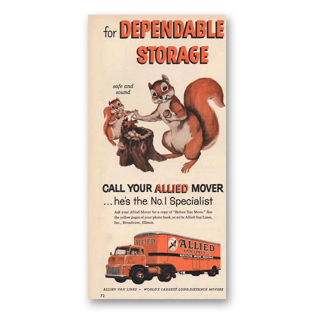 1957 Allied Van Lines Dependable Storage Vintage Magazine Print Ad