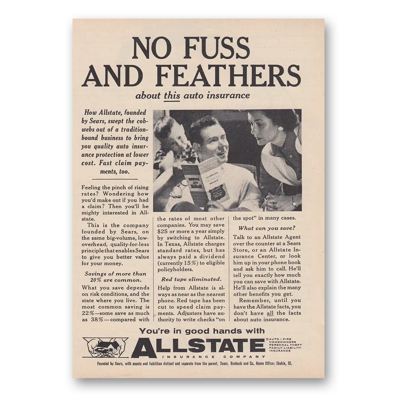 1957 Allstate Insurance No Fuss and Feathers Vintage Magazine Print Ad