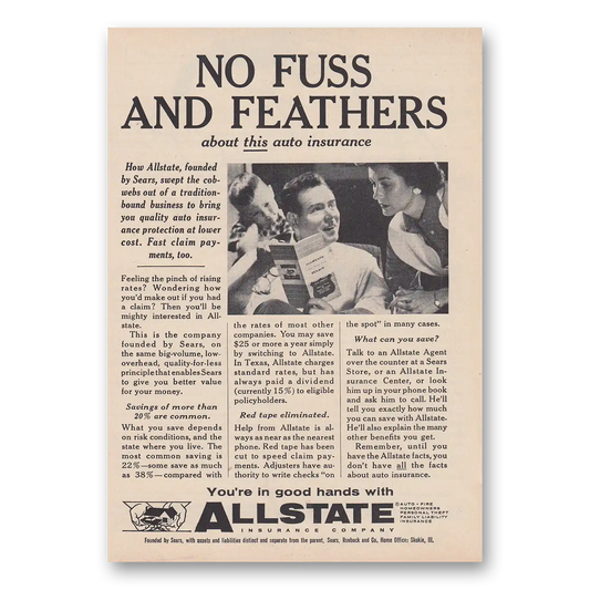 1957 Allstate Insurance No Fuss and Feathers Vintage Magazine Print Ad