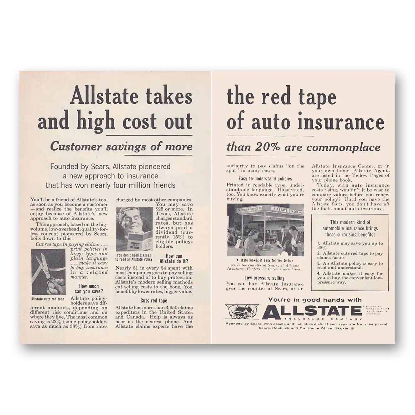 1957 Allstate Insurance Takes the Red Tape and High Cost Out Vintage Magazine Print Ad