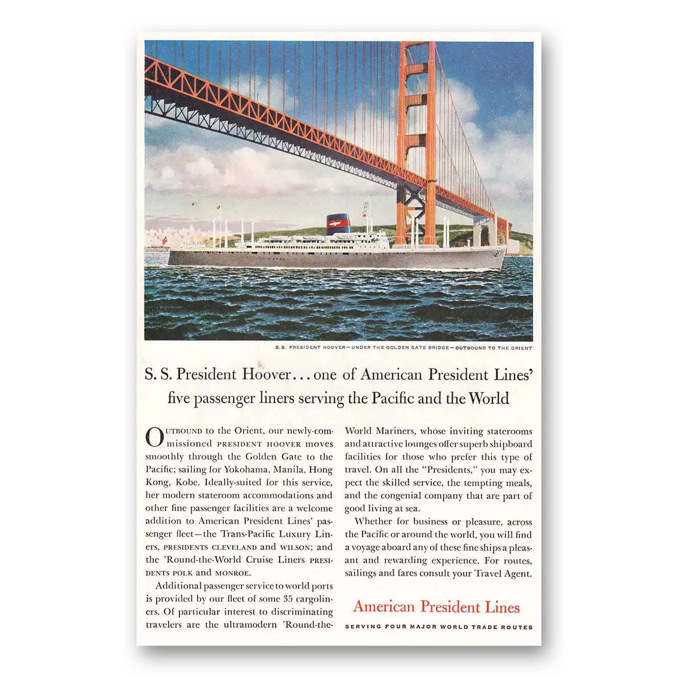 1957 American President Lines SS President Hoover Golden Gate Vintage Magazine Print Ad