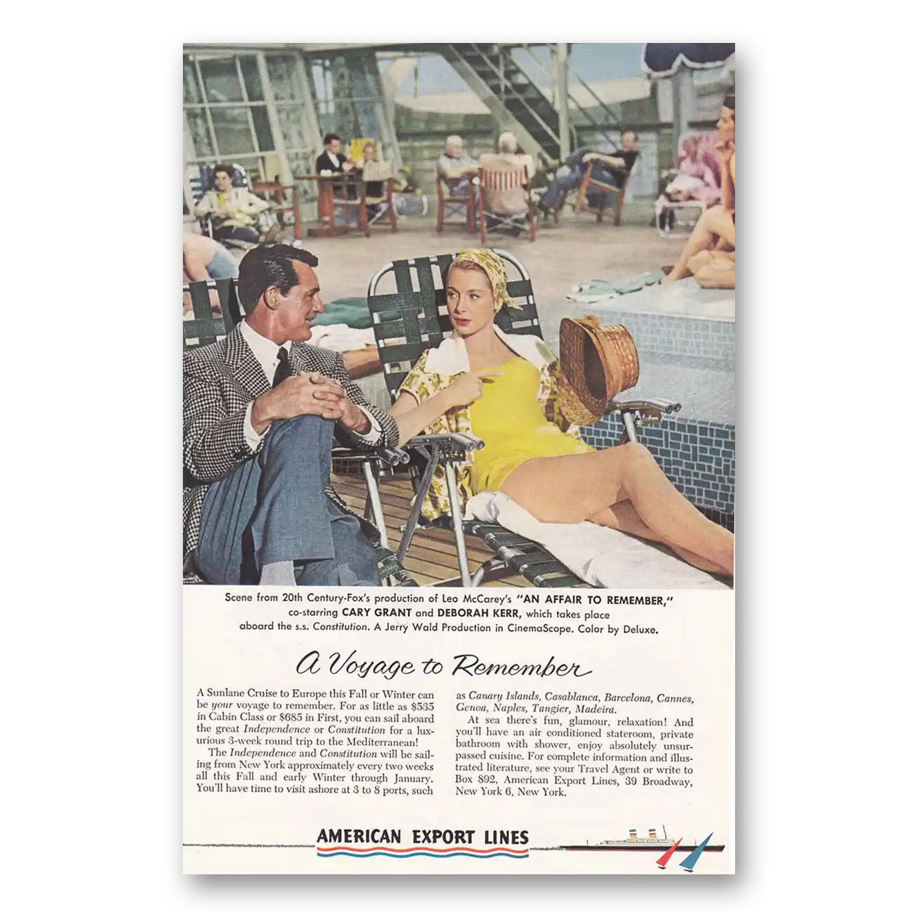 1957 American Export Lines Cary Grant Deborah Kerr Vintage Magazine Print Ad