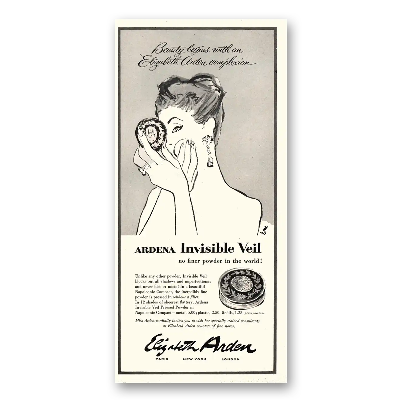 1957 Elizabeth Arden Ardena Invisible Veil Vintage Magazine Print Ad