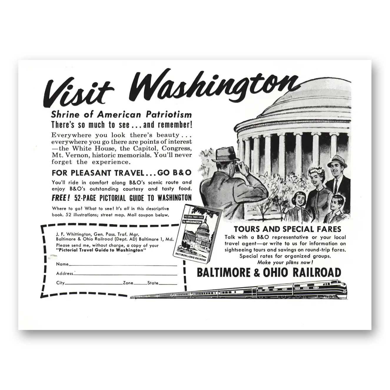 1957 Baltimore and Ohio Railroad Shrine of American Patriotism Washington Vintage Magazine Print Ad