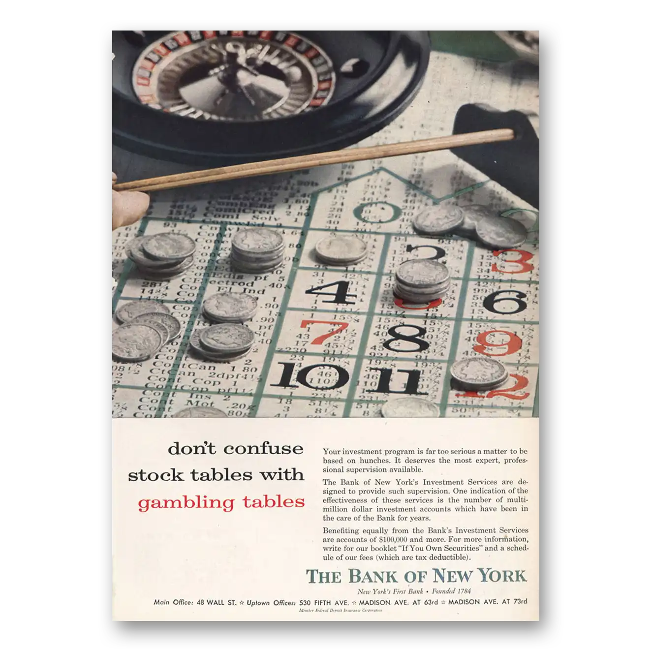 1957 Bank of New York Don’t Confuse Stock Tables with Gambling Tables Vintage Magazine Print Ad