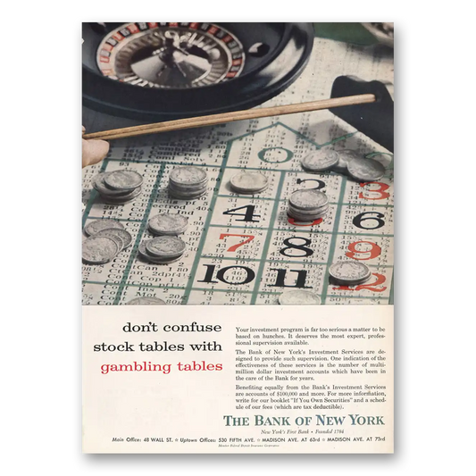 1957 Bank of New York Don’t Confuse Stock Tables with Gambling Tables Vintage Magazine Print Ad