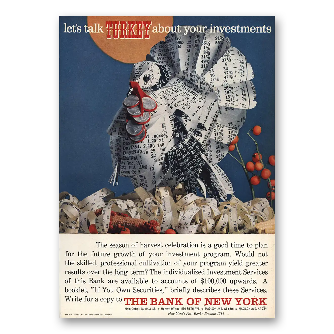 1957 Bank of New York Lets Talk Turkey Vintage Magazine Print Ad