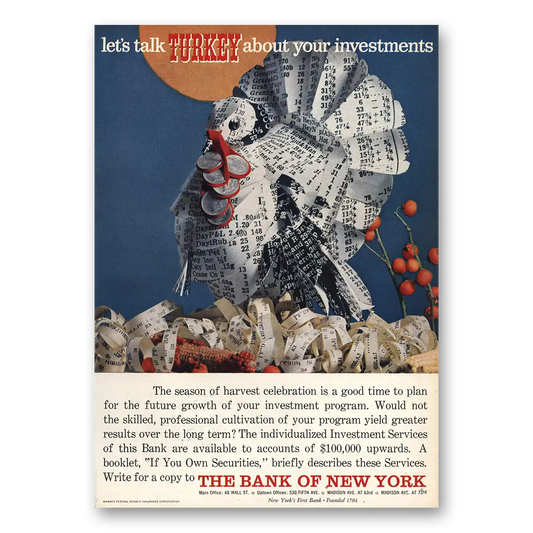 1957 Bank of New York Lets Talk Turkey Vintage Magazine Print Ad