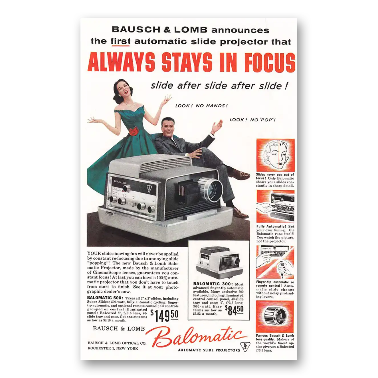 1957 Bausch & Lomb Balomatic Always Stays in Focus Vintage Magazine Print Ad