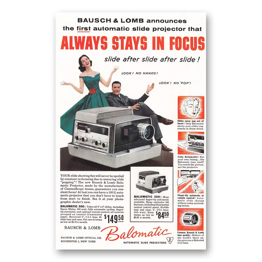 1957 Bausch & Lomb Balomatic Always Stays in Focus Vintage Magazine Print Ad