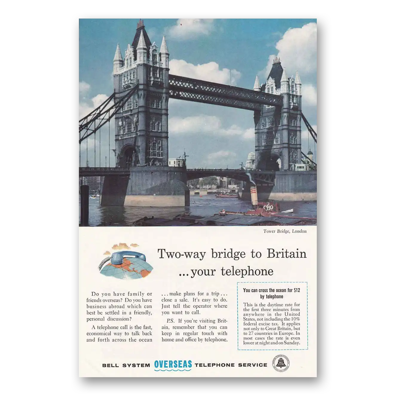 1957 Bell Telephone Tower Bridge London Vintage Magazine Print Ad