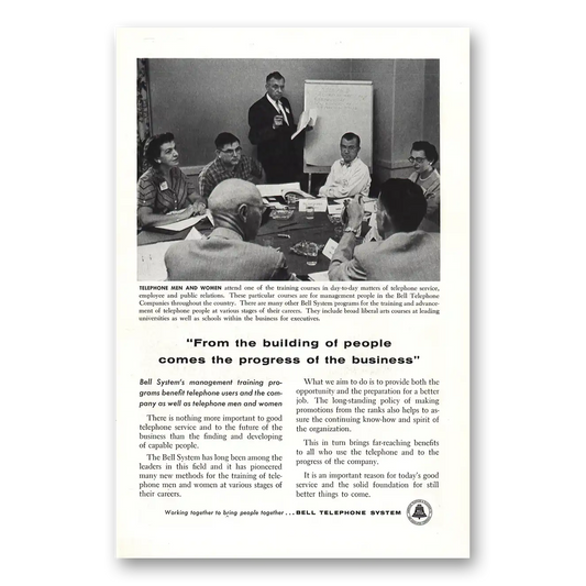 1957 Bell Telephone Building of People Comes the Progress of the Business Vintage Magazine Print Ad